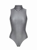 Szare elastyczne body Ambre Silver Dust z marszczonym golfem i wyciętymi pachami