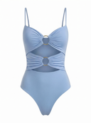 Packshot dopasowanego body Lia dusty blue z wycięciami w talii i złotymi detalami