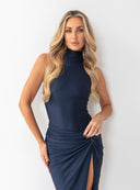 Granatowe body Ambre Saphire Dust w eleganckiej stylizacji ze spódnicą z drapowaniem