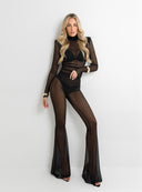 Czarny siatkowy golf Blouse Sheer w transparentnym zestawie ze spodniami z siatki